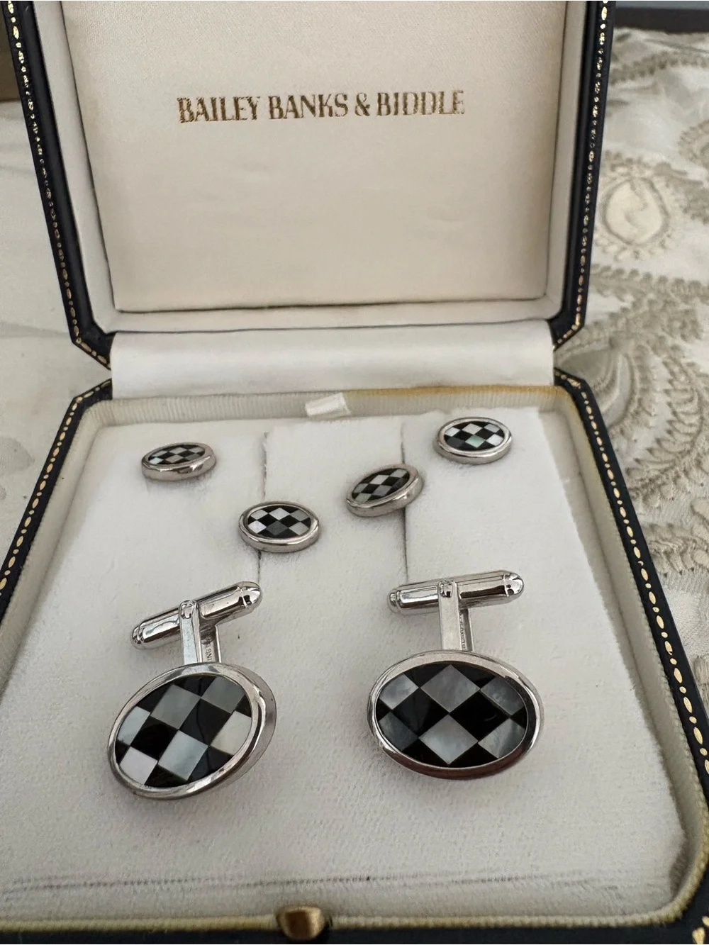 Bailey Banks & Biddle Black Checkered Cufflinks and Stud Set